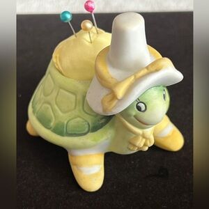 Vintage Lefton China tortoise pin cushion & thimble holder.